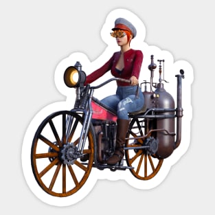 Steampunk woman on steam motorcycle Sticker